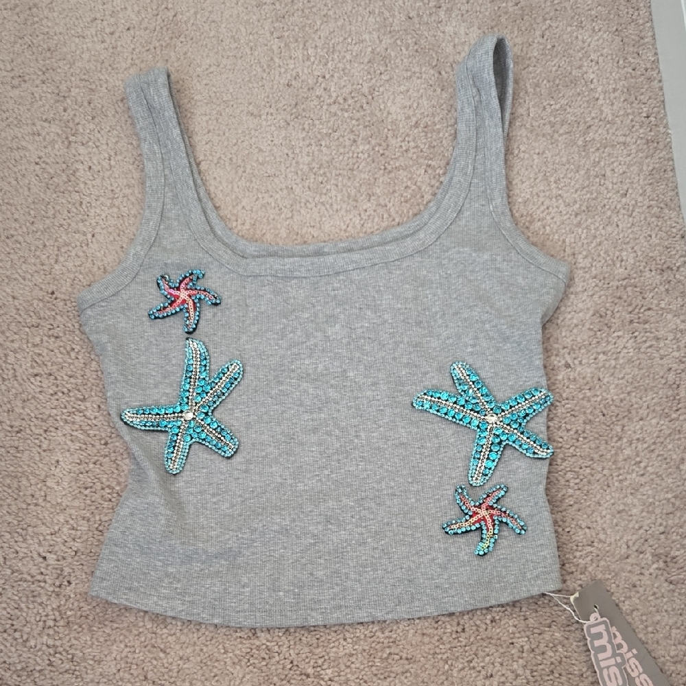Missguided Grey Ribbed Tank with Turquoise & Pink Beaded Starfish